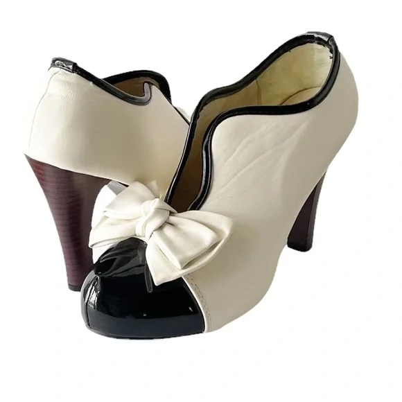 Bing Dress Shoes Retro Leather Bow Two-Tone Wedding Pumps, 40s Era Cosplay Heels - Picture 2 of 9
